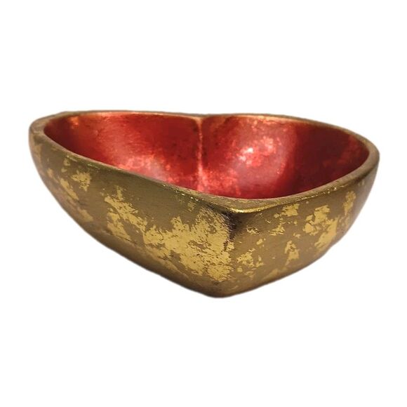 Wood Heart Shaped Bowl Red With Gold Leaf Jewelry Trinket Dish 6" x 6" x 2.5" - Picture 4 of 14